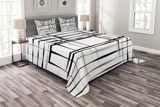ABAKUHAUS Комплект покрывала Modern Art, Abstract Art Geometric, комплект с моющимися наволочками, для односпальных кроватей 264 x 220 см, белый черный