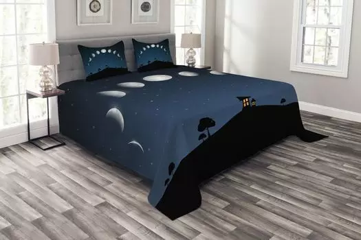 ABAKUHAUS Комплект покрывала Moon, холм фаз Луны и звезд, комплект с наволочками, моющийся, для односпальных кроватей 220 x 220 см, серый и черный