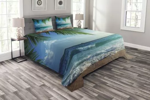 ABAKUHAUS Комплект покрывала Ocean, Palm Trees Tropical Island, комплект с моющимися наволочками, для односпальных кроватей 264 x 220 см, синий и зеленый