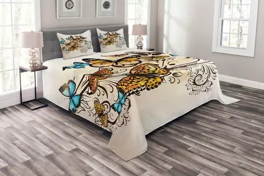 ABAKUHAUS Комплект покрывала Ombre, Monarch Vintage Damask, комплект с моющимися наволочками, для односпальных кроватей 264 x 220 см, светло-коричневый небесно-голубой