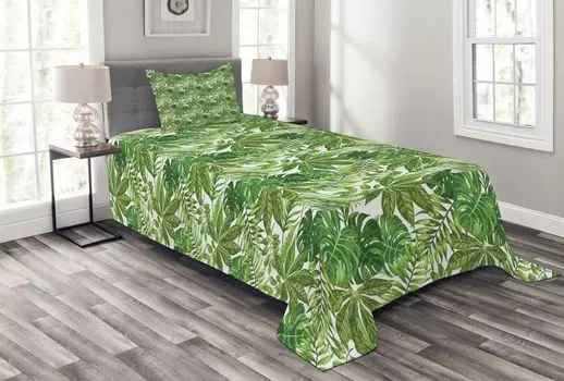 ABAKUHAUS Комплект покрывала Palm Leaf, Jungle Leaf Eco, комплект с моющимися наволочками, для односпальных кроватей 170 x 220 см, оливковый зеленый белый зеленый