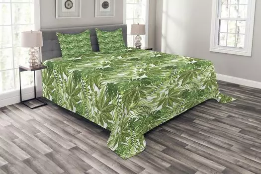 ABAKUHAUS Комплект покрывала Palm Leaf, Jungle Leaf Eco, комплект с моющимися наволочками, для односпальных кроватей 220 x 220 см, оливковый зеленый белый зеленый