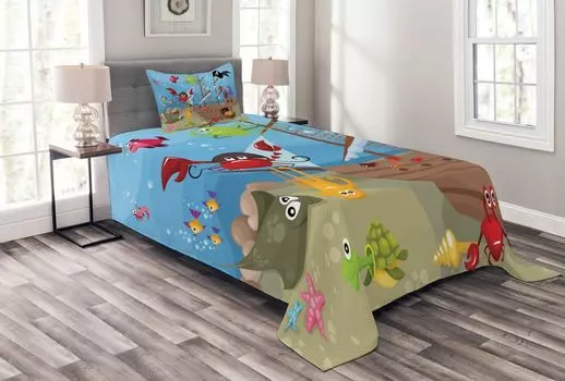 ABAKUHAUS Комплект покрывала «Пират», «Корабль подводных животных», комплект с моющимися наволочками, для односпальных кроватей 170 x 220 см, разноцветный