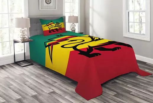 ABAKUHAUS Комплект покрывала Rasta, флаг Judah Lion Rastafari, комплект с моющимися наволочками, для односпальных кроватей 170 x 220 см, желтый черный