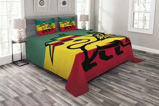 ABAKUHAUS Комплект покрывала Rasta, флаг Judah Lion Rastafari, комплект с моющимися наволочками, для односпальных кроватей 264 x 220 см, желтый черный
