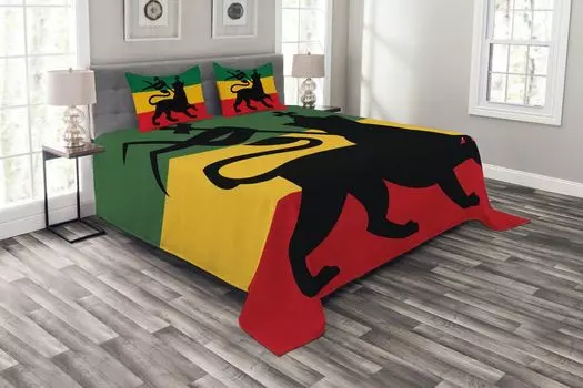 ABAKUHAUS Комплект покрывала Rasta, флаг регги Judah Lion, комплект с моющимися наволочками, для односпальных кроватей 264 x 220 см, желтый черный