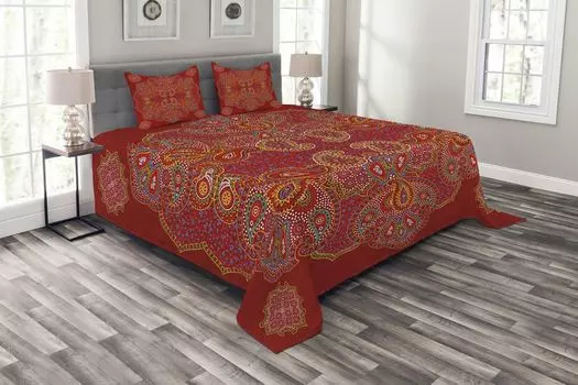 ABAKUHAUS Комплект покрывала Red Mandala, персидский пейсли, комплект с моющимися наволочками, для односпальных кроватей 220 x 220 см, бордо-красный белый