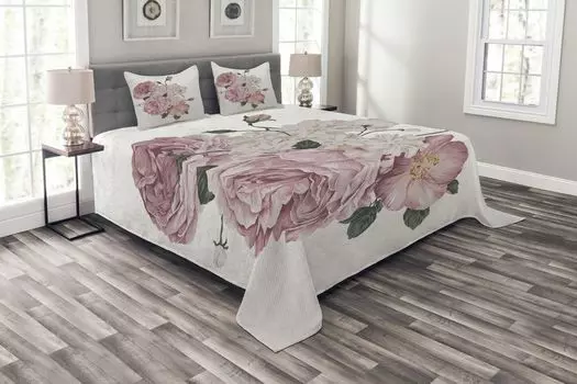 ABAKUHAUS Комплект покрывала Rose, Old Roses Corsage Grunge, комплект с моющимися наволочками, для односпальных кроватей 220 x 220 см, бежево-розово-зеленый