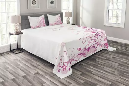 ABAKUHAUS Комплект покрывала Rose, Swirl Butterflies Leaves, комплект с моющимися наволочками, для односпальных кроватей 220 x 220 см, розово-розовый и пурпурный