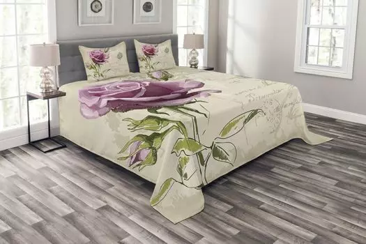 ABAKUHAUS Комплект покрывала Rose, Vintage Delicate, комплект с моющимися наволочками, для односпальных кроватей 264 x 220 см, светло-коричневый бледно-розовый зеленый