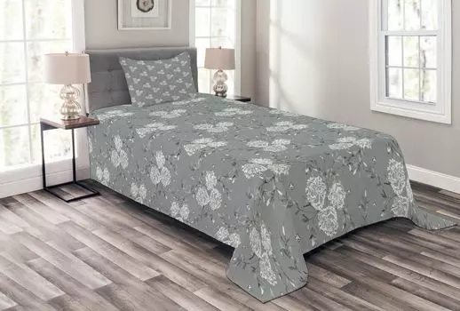 ABAKUHAUS Комплект покрывала с цветочным рисунком, абстрактный узор пиона, комплект с моющимися наволочками, для односпальных кроватей 170 x 220 см, серо-белый