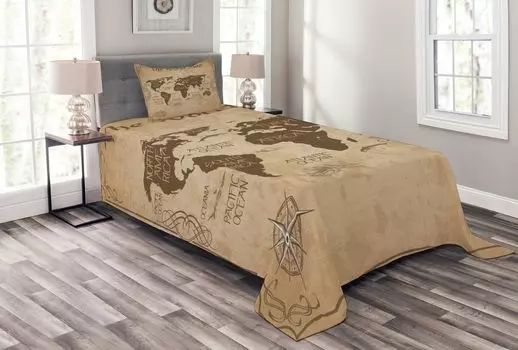ABAKUHAUS Комплект покрывала с картой мира, винтажное топографическое изображение, комплект с моющимися наволочками, для односпальных кроватей 170 x 220 см, пастельно-коричневый, темно-серый