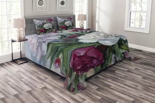 ABAKUHAUS Комплект покрывала с рисунком маслом, Букет пионов Art, комплект с моющимися наволочками, для односпальных кроватей 264 x 220 см, разноцветный зеленый папоротник