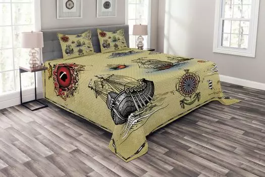 ABAKUHAUS Комплект покрывала с ручной росписью, старинная карта пирата, комплект со моющимися наволочками, для односпальных кроватей 220 x 220 см, бежевый красный серый