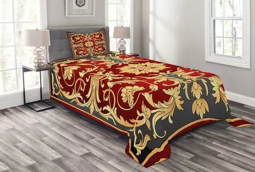 ABAKUHAUS Комплект покрывала с турецким узором, спиральные листья, комплект с моющимися наволочками, для односпальных кроватей 170 x 220 см, горчично-черный рубин