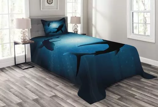ABAKUHAUS Комплект покрывала Shark, силуэты рыб для плавания, комплект с моющимися наволочками, для односпальных кроватей 170 x 220 см, темно-синий