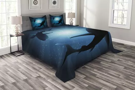 ABAKUHAUS Комплект покрывала Shark, силуэты рыб для плавания, комплект с моющимися наволочками, для односпальных кроватей 220 x 220 см, темно-синий