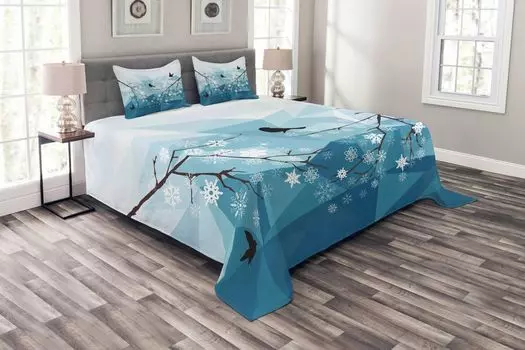 ABAKUHAUS Комплект покрывала Snowy Trees, Bird Flying Polygonal, комплект с моющимися наволочками, для односпальных кроватей 220 x 220 см, морской синий, голубой