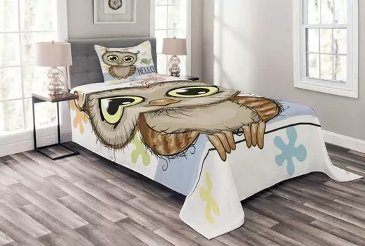 ABAKUHAUS Комплект покрывала «Сова», Cartoon Butterfly Hello, комплект с моющимися наволочками, для односпальных кроватей 170 x 220 см, разноцветный
