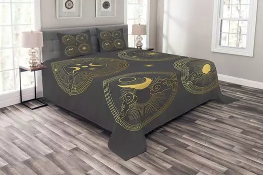 ABAKUHAUS Комплект покрывала Sun and Moon, антикварный астрономический комплект с моющимися наволочками, для односпальных кроватей 264 x 220 см, серый и горчичный