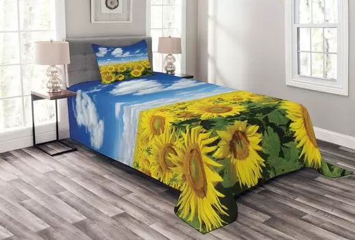 ABAKUHAUS Комплект покрывала Sunflower, Fresh Field Country, комплект с моющимися наволочками, для односпальных кроватей 170 x 220 см, зеленый синий желтый