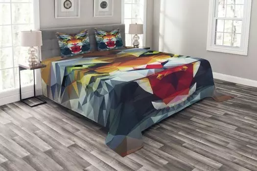 ABAKUHAUS Комплект покрывала Tiger, абстрактный портрет животного, комплект с моющимися наволочками, для односпальных кроватей 264 x 220 см, разноцветный