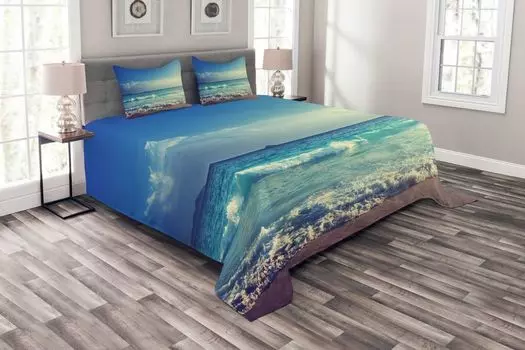 ABAKUHAUS Комплект покрывала Tropical, волны пляжного заката, комплект со моющимися наволочками, для односпальных кроватей 264 x 220 см, кремово-бирюзовый