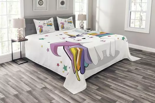 ABAKUHAUS Комплект покрывала Unicorn Cat, Детская художественная фея, комплект с моющимися наволочками, для односпальных кроватей 264 x 220 см, разноцветный