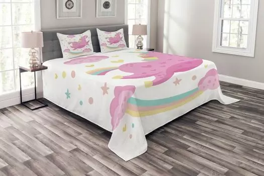 ABAKUHAUS Комплект покрывала Unicorn, единорог со звездной радугой, комплект с наволочками, моющийся, для односпальных кроватей 220 х 220 см, желто-розовый