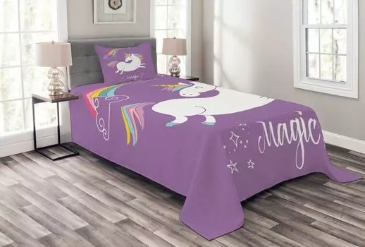 ABAKUHAUS Комплект покрывала Unicorn, фиолетовая детская радуга, комплект с моющимися наволочками, для односпальных кроватей 170 x 220 см, лавандово-белый