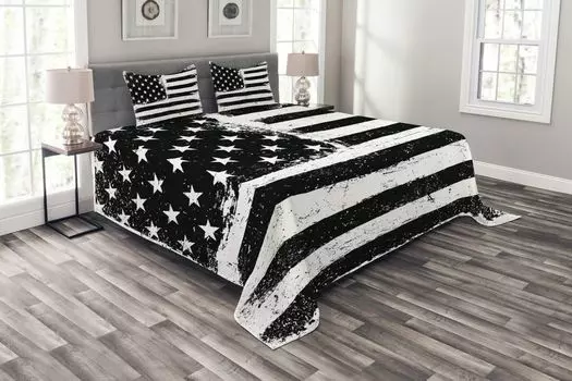 ABAKUHAUS Комплект покрывала United States, черно-белый флаг, комплект с моющимися наволочками, для односпальных кроватей 220 x 220 см, белый черный