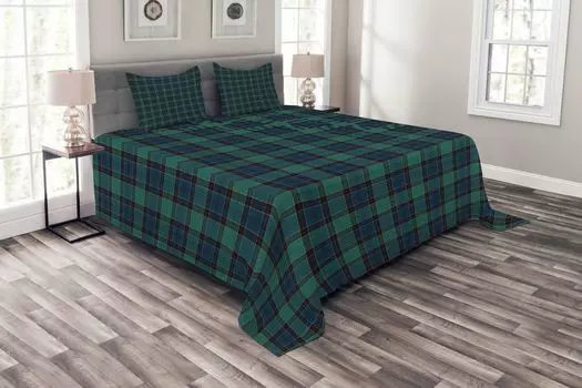 ABAKUHAUS Комплект покрывала в клетку шотландского фольклора, комплект с наволочками, моющийся, для односпальных кроватей, 264 x 220 см, темно-зеленый черный