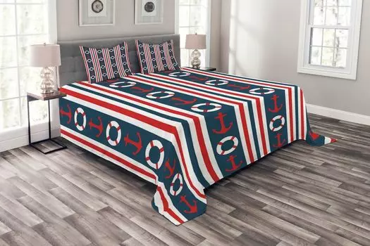 ABAKUHAUS Комплект покрывала в морском стиле, Stripes Maritime, комплект с моющимися наволочками, для односпальных кроватей 220 x 220 см, индиго красный белый