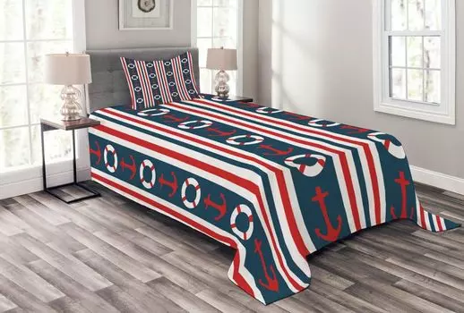 ABAKUHAUS Комплект покрывала в морском стиле, Stripes Maritime, комплект с моющимися наволочками, для односпальных кроватей 170 x 220 см, индиго красный белый