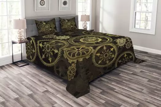 ABAKUHAUS Комплект покрывала в стиле стимпанк, Wheels Dark Shadows, комплект с моющимися наволочками, для односпальных кроватей 220 x 220 см, темно-коричневый песочно-коричневый