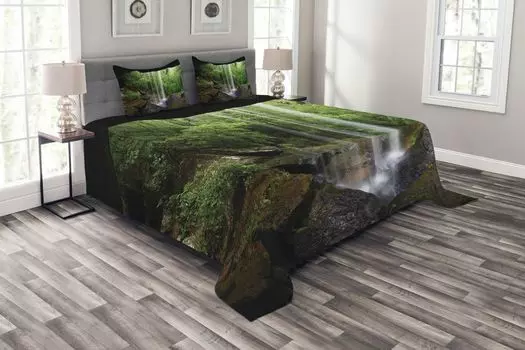 ABAKUHAUS Комплект покрывала Waterfall, Северная Алабама, комплект с моющимися наволочками, для односпальных кроватей 264 x 220 см, зелено-коричневый
