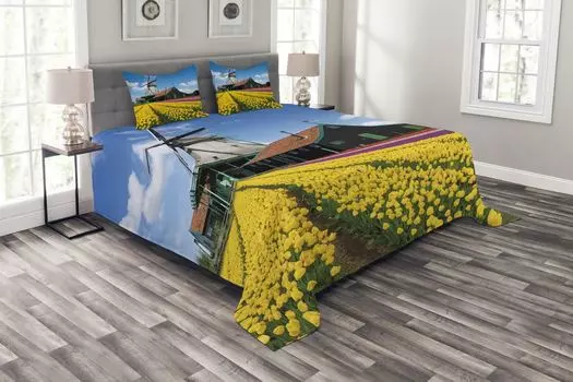 ABAKUHAUS Комплект покрывала Windmill, Dutch Tulips Country, комплект с моющимися наволочками, для односпальных кроватей 220 x 220 см, разноцветный