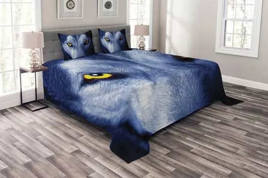 ABAKUHAUS Комплект покрывала Wolf, Howling Under the Full Moon, с моющимися наволочками, для односпальных кроватей 264 x 220 см, Голубой Голубой
