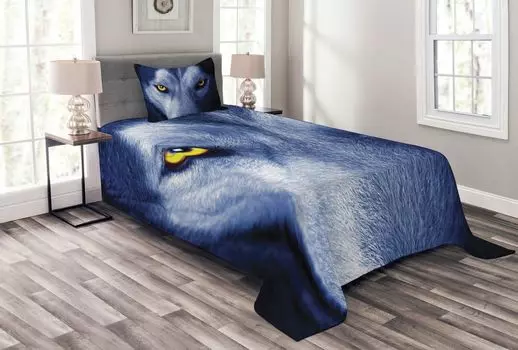 ABAKUHAUS Комплект покрывала Wolf, Howling Under the Full Moon, с моющимися наволочками, для односпальных кроватей 170 x 220 см, Голубой Светло-Голубой
