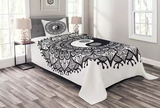 ABAKUHAUS Комплект покрывала Ying Yang, Bohemian Mendi Art, комплект с моющимися наволочками, для односпальных кроватей 170 x 220 см, угольно-серый белый