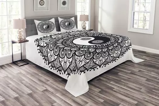 ABAKUHAUS Комплект покрывала Ying Yang, Bohemian Mendi Art, комплект с моющимися наволочками, для односпальных кроватей 220 x 220 см, угольно-серый белый