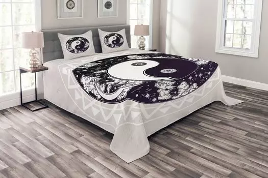 ABAKUHAUS Комплект покрывала Zen, Ying Yang Boho art, комплект со моющимися наволочками, для односпальных кроватей 264 x 220 см, черный белый бежевый