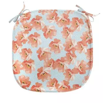 ABAKUHAUS Коралловая подушка на обеденный стул, Romantic Poppy Blu, декоративная водонепроницаемая подушка с ремнями для кухонных сидений, 40 см x 40 см, коралловый бледно-синий желтый