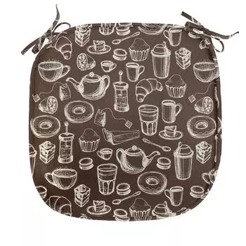 ABAKUHAUS Коричнево-белая подушка для обеденного стула, Doodle Tea Time, декоративная водонепроницаемая подушка с ремнями для кухонных сидений, 40 см x 40 см, темно-коричневый и белый