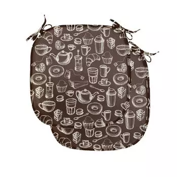 ABAKUHAUS Коричнево-белые подушки на обеденный стул, Doodle Tea Time, декоративная водонепроницаемая подушка с ремнями для кухонных сидений, 40 см x 40 см — упаковка из 2 шт., темно-коричневый и белый