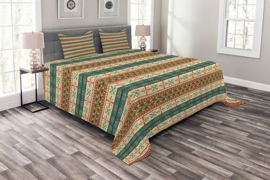 ABAKUHAUS Красочное покрывало, плитка, комплект с наволочками, моющееся, для односпальных кроватей 264 x 220 см, кораллово-бирюзовый бежевый