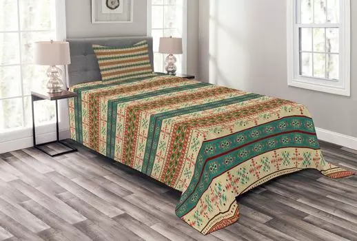 ABAKUHAUS Красочное покрывало, плитка, комплект с наволочками, моющееся, для односпальных кроватей 170 x 220 см, кораллово-бирюзовый бежевый
