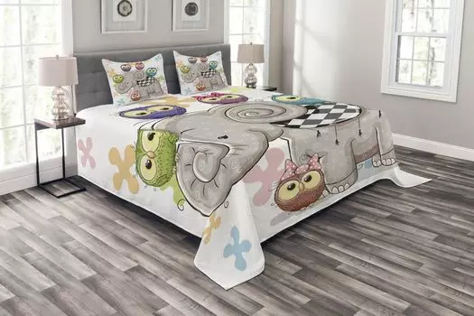 ABAKUHAUS Красочный комплект покрывала, любовь слона и совы, комплект со моющимися наволочками, для односпальных кроватей 220 х 220 см, разноцветный