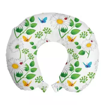 ABAKUHAUS Ladybug beetlePOS=HEADCOMP Дорожная подушка для шеи, божья коровка на ромашках, дорожная вещь из пенопласта для самолета и автомобиля, 30х30 см, бело-зеленый