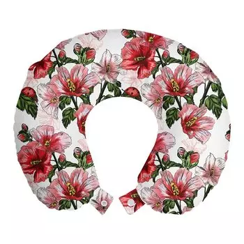 ABAKUHAUS Ladybug Travel Pillow Подушка для шеи, Гибискус, Экзотическая флора, Пенопластовые дорожные принадлежности для самолета и автомобиля, 30x30 см, Красный Коралловый Зеленый
